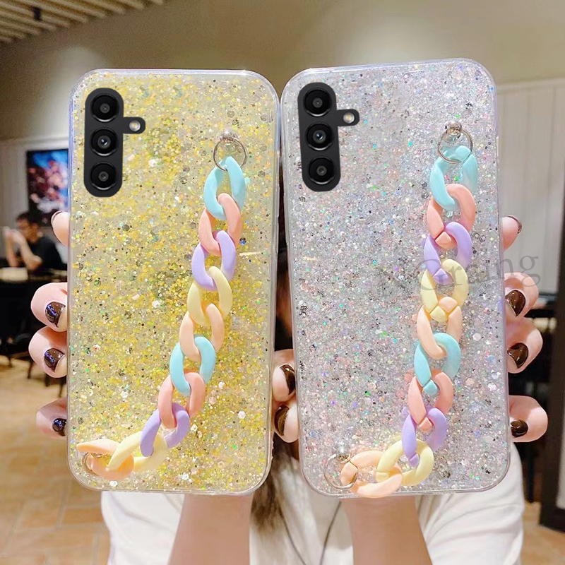 Telefoonhoesje voor Samsung Galaxy A54 A34 5G SamsungA54 SamsungA34 Shining Diamond Silver Silicagel Soft Cover met regenboogarmband_voghion.com