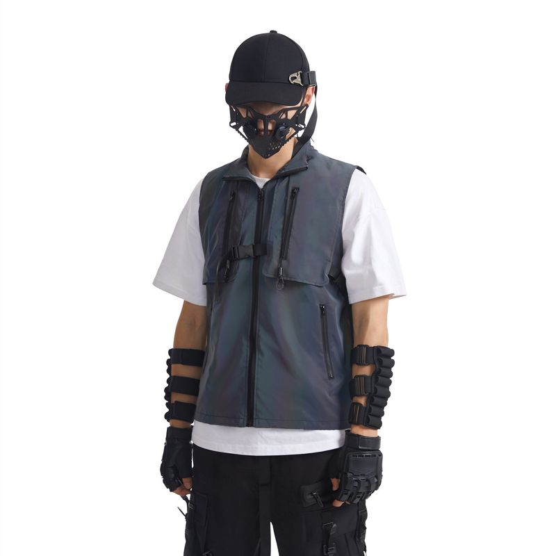 Herrenbekleidung, farbenfrohe, reflektierende Arbeitsweste, Jacke für Männer und Frauen, lockere und vielseitige Weste mit mehreren Taschen, ärmellos, Stehkragen_voghion.com