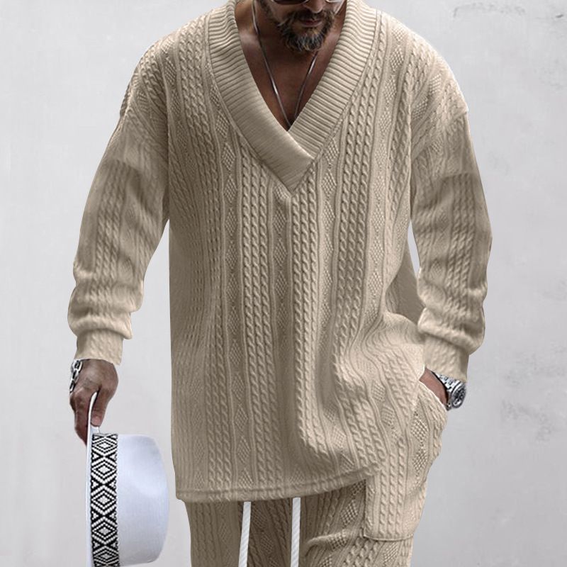 Herrenbekleidung Herren Freizeithose V-Ausschnitt Vielseitiger Jacquardpullover Herren Herbstanzug_voghion.com