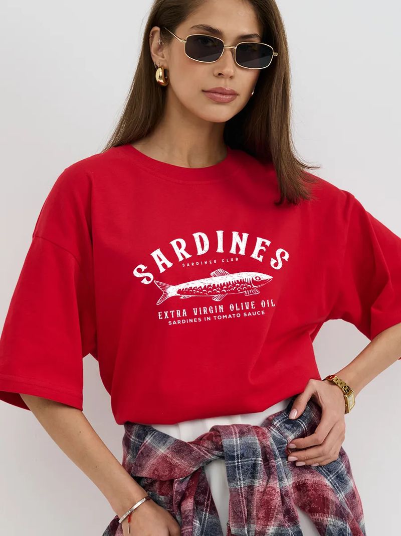 Maglietta estiva oversize a maniche corte in 100% cotone con stampa di pesce, comoda da indossare da donna_voghion.com