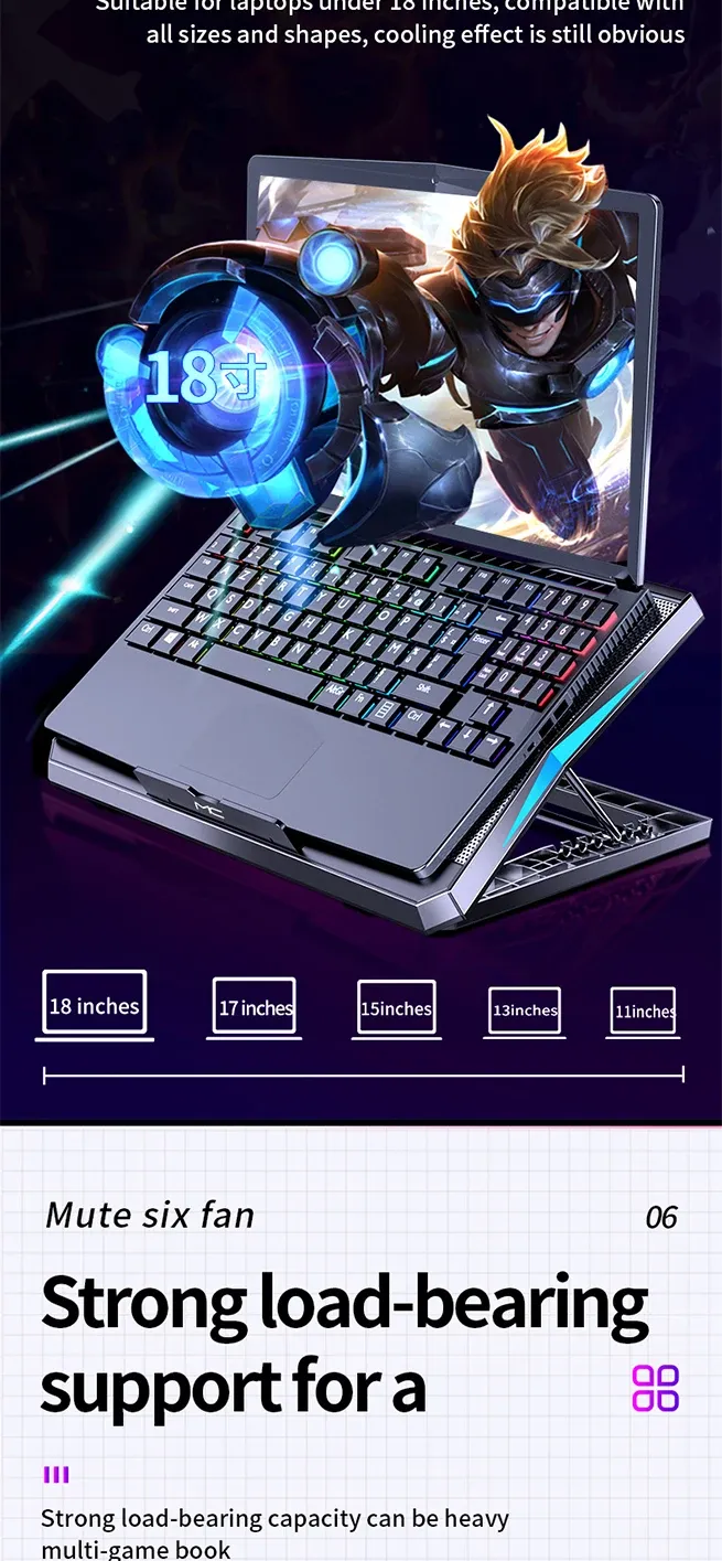15,6-Zoll-Gaming-Laptop-Kühler mit sechs Lüftern, höhenverstellbar, leises Kühlpad, Computerständer für Laptops unten_voghion.com