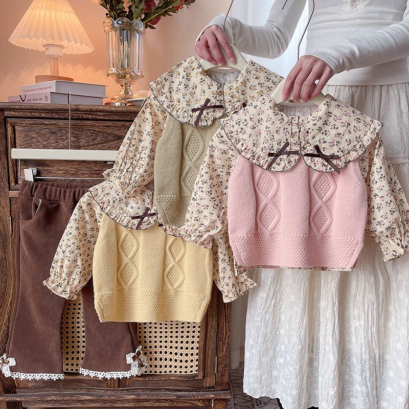 2025 neue modische Kleidung für Mädchen, süßer Blumenpullover für Vorschulkinder, Weste, dreiteiliges Set für Babys im Frühling und Herbst_voghion.com