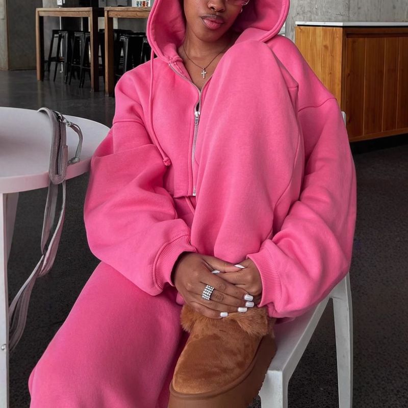 Long Sleeve Short Sweatshirt Drawstring Sweatpants Women's Hoodie Set_voghion.com