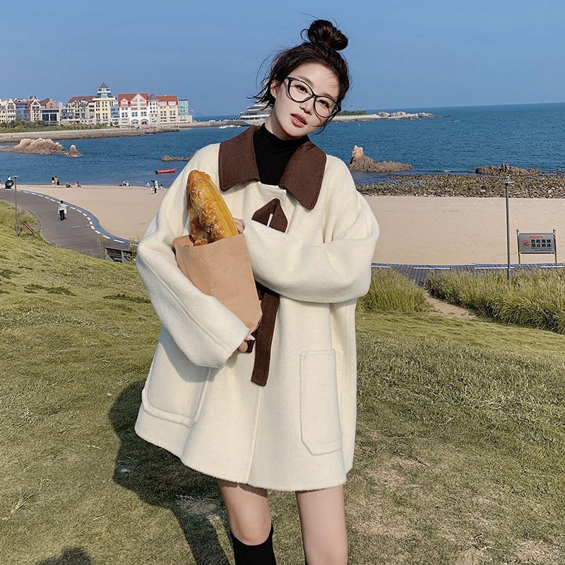 Light Gray Contrast Color Tie Knot Coat Women 2023 Autumn Winter New Small Loose Casual Woolen Overcoat_voghion.com