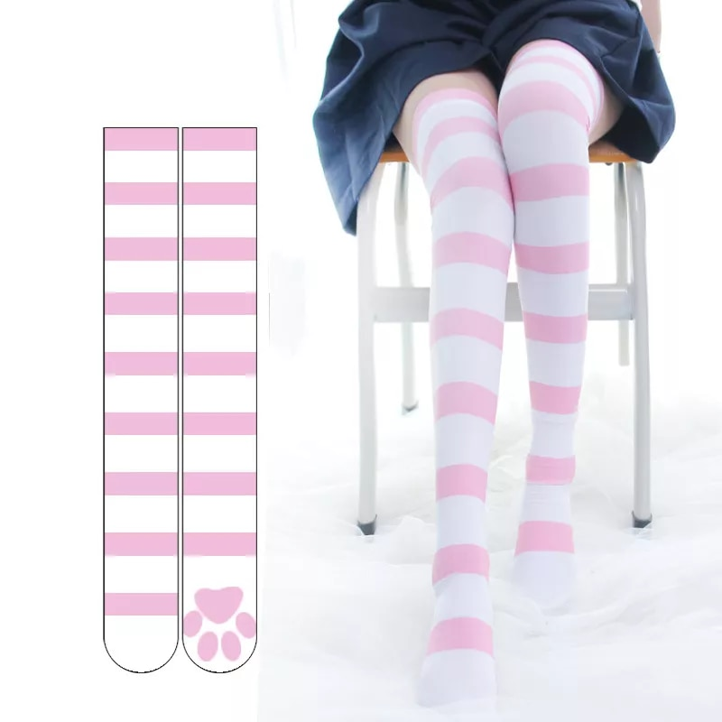 Socks Pink Strip Kawaii Cat Paw Print Lolita Gothic Veet Over The Knee Thigh High JK Long Stockings_voghion.com