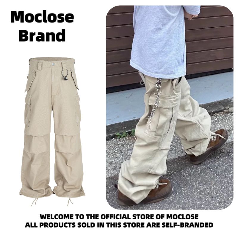 Moclose Unisex Utility Cargo Pants - Oversized Drop-Crotch Joggers With Multi-Pockets, 100% Cotton, Black/Khaki, Sizes M-XXL_voghion.com