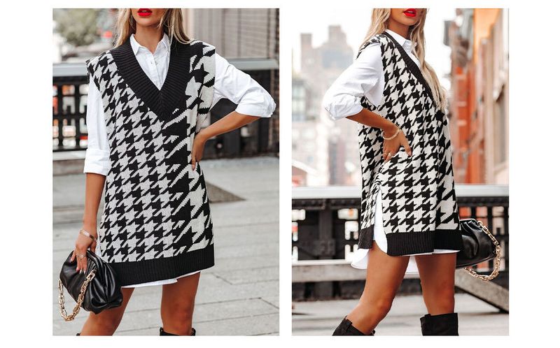 Damenbekleidung, lockerer V-Ausschnitt, Hahnentritt-Strickpullover, ärmellose Weste für Damen_voghion.com