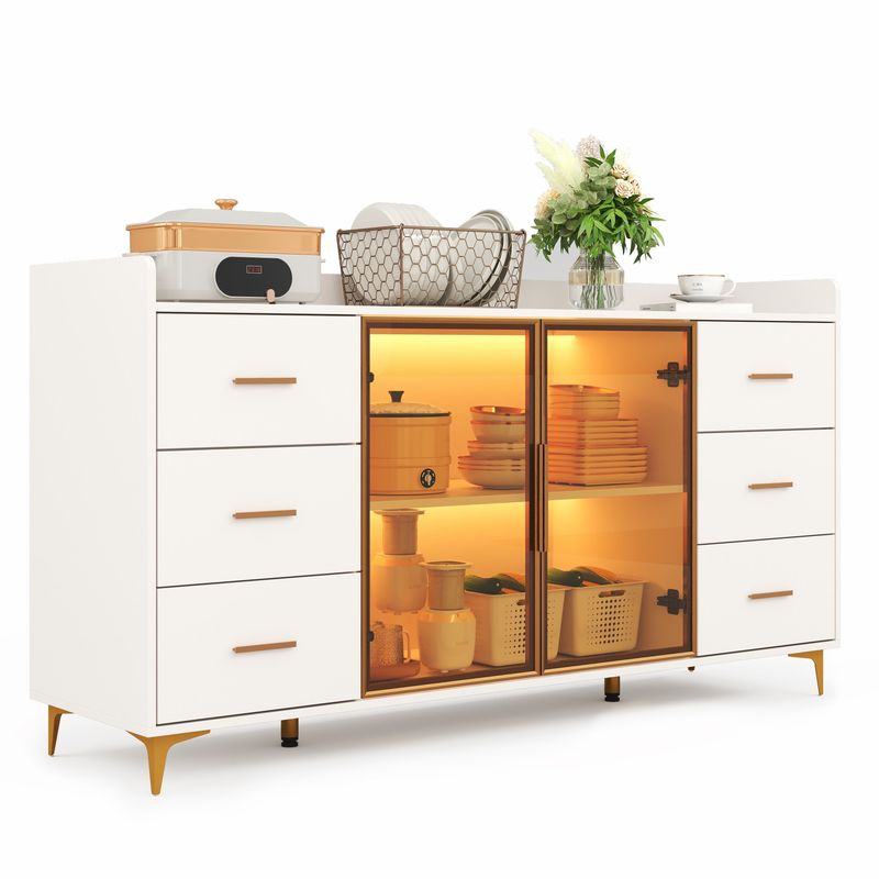 Küchenschrank Weiß 160x87cm, 6 Schubladen, Glastüren, LED-Beleuchtung, Goldgriffe_voghion.com