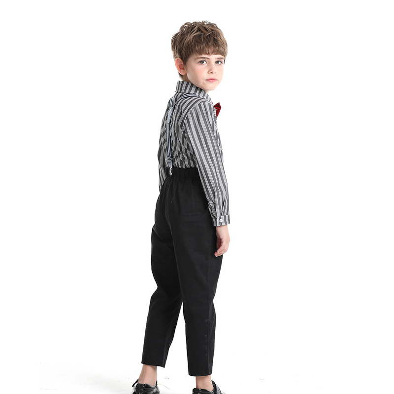 Abito autunnale da ragazzo Pantaloni con cinturino a camicia a righe inglesi per bambini alla moda belli della scuola media_voghion.com