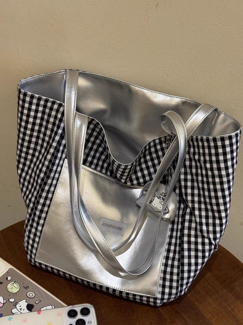 Double-Sided Silver Women's Tote Bag 2025 Fall/Winter New Black Checkered Large Capacity Bag_voghion.com
