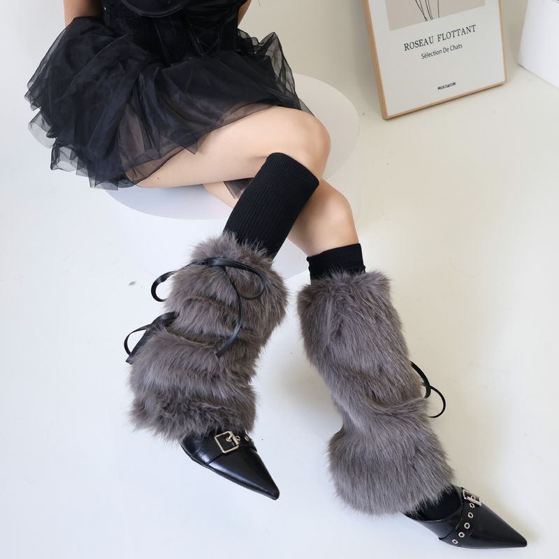 Autumn/Winter thickened fluffy bow strap leg set mid-tube y2k Spice Girl warmers_voghion.com