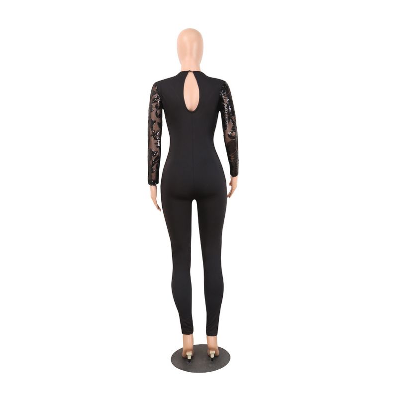 Eng anliegender, mit Perlen besetzter, durchsichtiger Nachtclub-Jumpsuit mit tiefem V-Ausschnitt für Damen_voghion.com