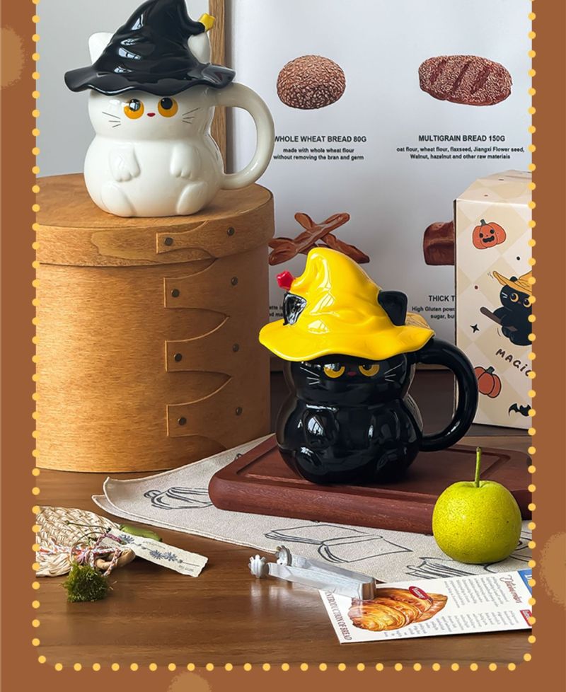 Keramikbecher mit Geisterkatzenmotiv und Deckel – Wasser für Frauen – Neu 2025 – Hochwertiger Becher – Geschenkidee für Zuhause_voghion.com