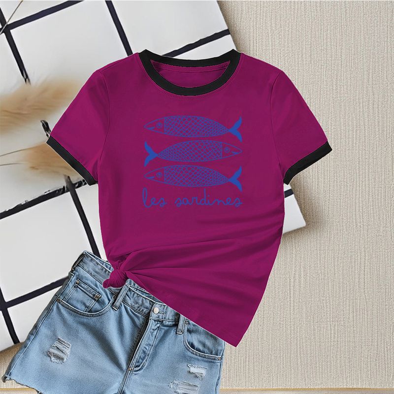 T-shirt casual slim fit versatile da donna, con scollo rotondo, a contrasto di colore, a maniche corte, estiva 2025_voghion.com