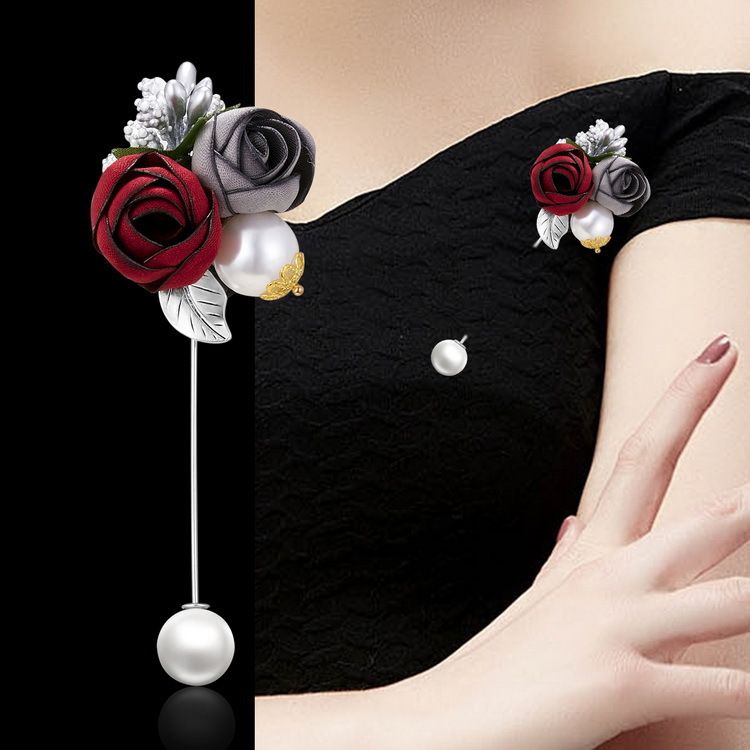 Elegante spilla a camelia da donna con fiore in tessuto di vendita calda, ago lungo perlato, spilla con inserimento a una riga_voghion.com