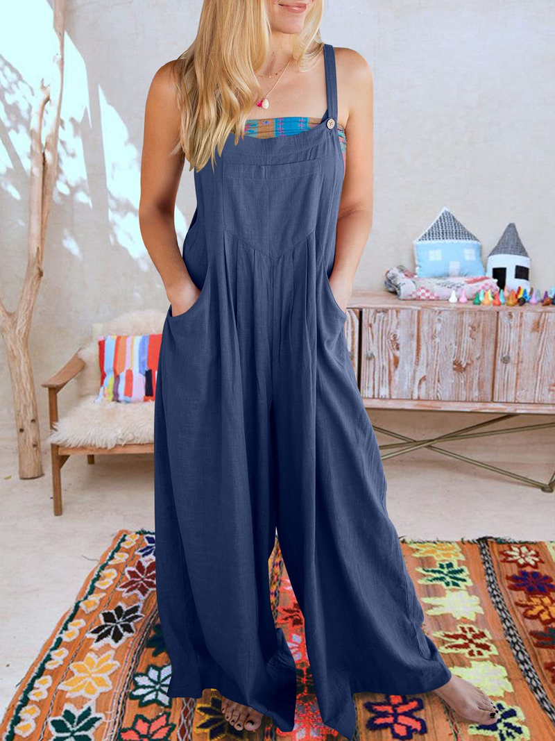 Women's clothing solid color loose casual cotton and linen overalls jumpsuit_voghion.com