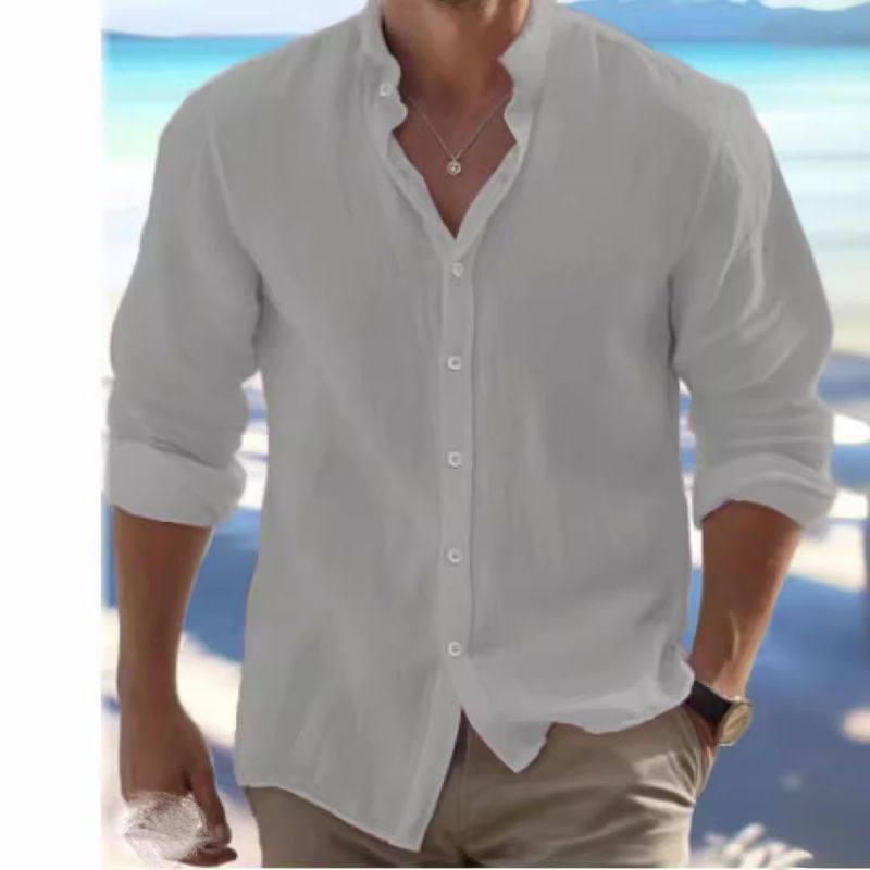 Strandhemd aus Leinen für Herren mit Knöpfen, langärmeliger, schlichter Kragen, lässige Alltagskleidung für Frühling und Sommer_voghion.com