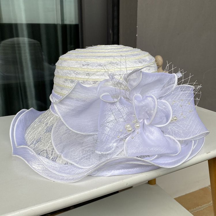 Cappello da sole in pizzo con pizzo Temperamento Elegante cappello da secchiello con fiori di perle Cappello da sole estivo traspirante da donna_voghion.com