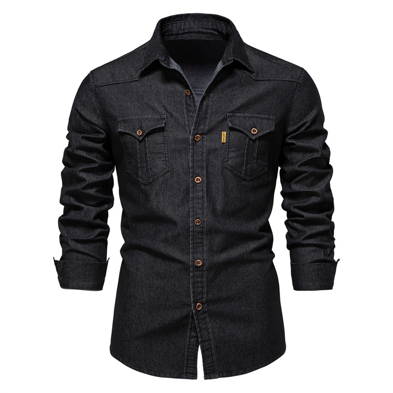 Trendy, neue US-Größe, Denim, lässig, einfarbig, bügelfreies Langarmhemd für Herren_voghion.com