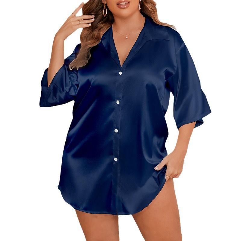 Large Size Ice Silk Nightdress Women's Loose Short Sleeve Shirt Skirt Loungewear Women's_voghion.com