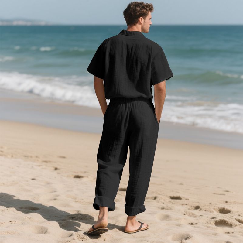 Set de cămașă și pantaloni scurți de plajă din in pentru bărbați, costum casual de vară cu mânecă scurtă_voghion.com