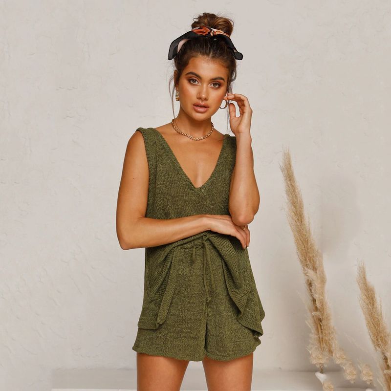 Women's Clothing summer fashion casual deep V-neck vest drawstring knitted women's sweater suit two-piece set_voghion.com