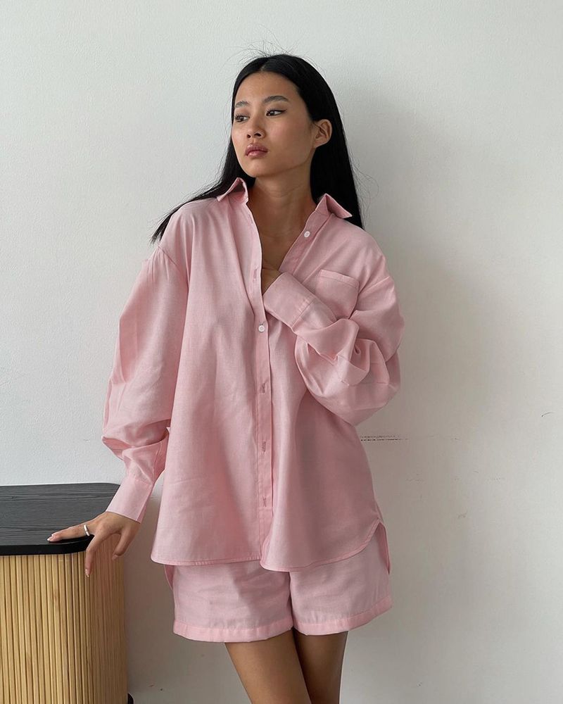 2024 Herfst Puur Katoen Roze Luie Lange Mouw Shirt Casual Losse Shorts Draagbaar Buiten Pyjama Voor Vrouwen_voghion.com