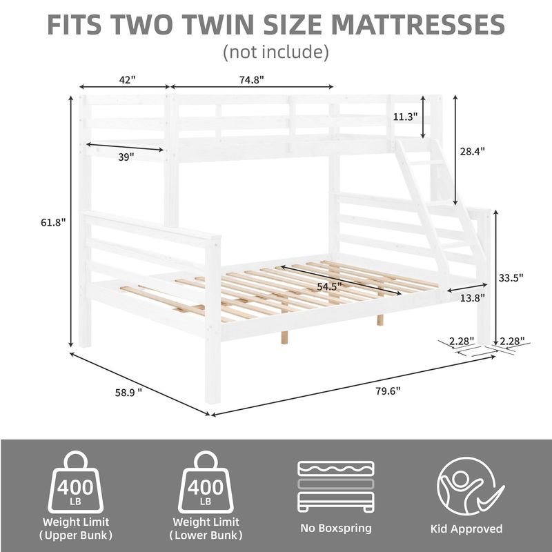 Twin Over Full Bunk Bed With Thick Posts,Wooden Bunk Bed With High Guardrail And Ladder For Kids, Teens, Dorm Rooms, And Guest Rooms,No Box Spring Needed,White_voghion.com