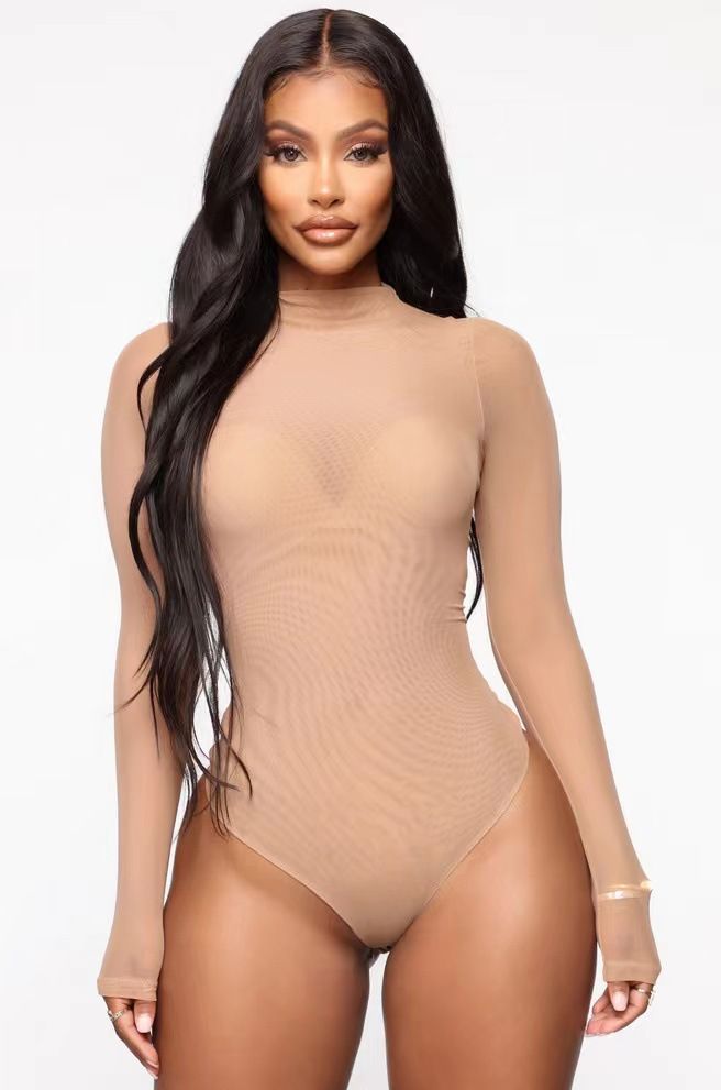 Bikini sexy attillato con fondo intero, seducente, in rete trasparente, a maniche lunghe, per feste in spiaggia_voghion.com