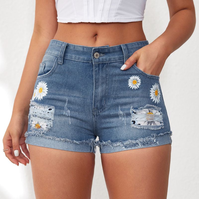 Vêtements pour femmes, imprimé à pompons déchirés, short en jean pour femmes, coupe slim, bords bruts, short en coton_voghion.com