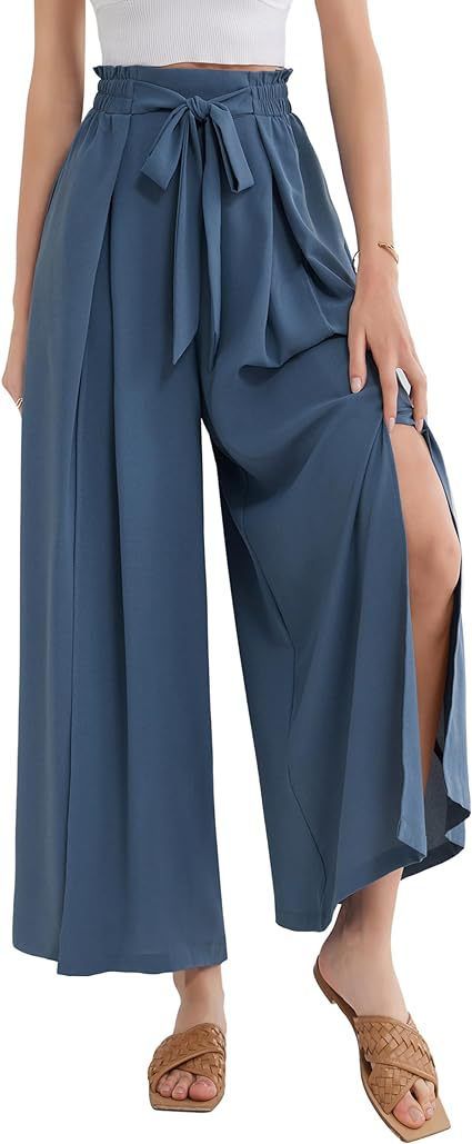 Calça Palazzo Feminina Leve, Casual, de Cintura Alta, com Bolsos e Fenda - Calça Larga e Flutuante para o Verão_voghion.com