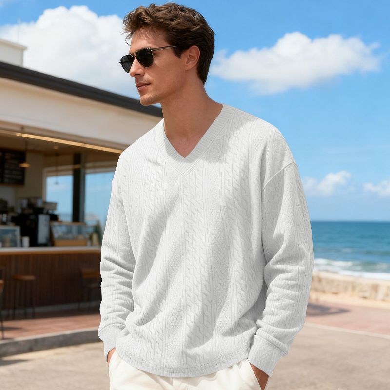 Herrenbekleidung Herren Jacquard-Strickpullover Lässiger Langarmpullover High-Street Loose Fit T-Shirt Top_voghion.com