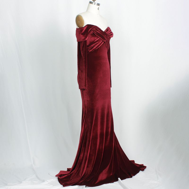 Damenkleidung, einreihiger Kragen, schulterfrei, langärmlig, Samt, großer Rock, Abendkleid, Toastkleid, Brautjungfernkleid_voghion.com