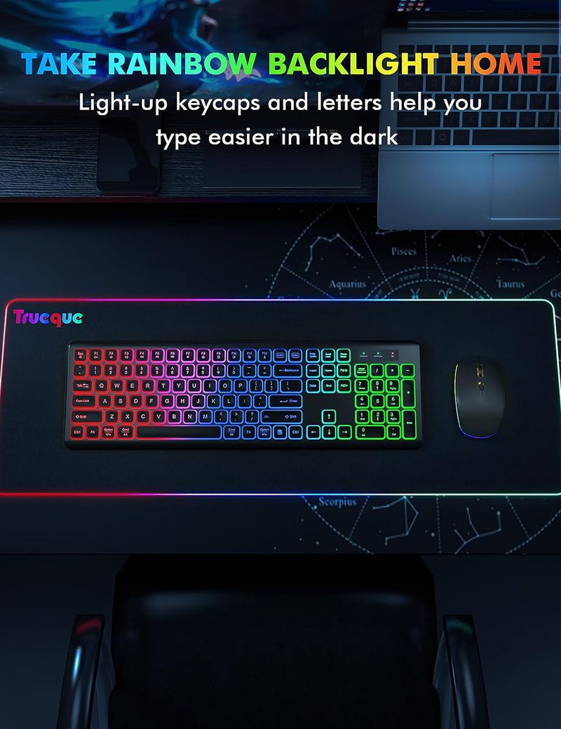 Wireless Keyboard And Mouse Combo RGB Backlit, Rechargeable Light Up Letters, Full-Size, Ergonomic, Sleep Mode, 2.4GHz_voghion.com