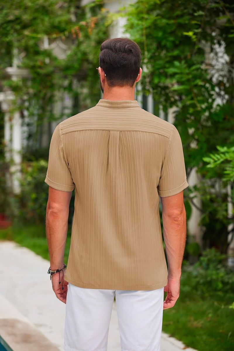 Abbigliamento Uomo Nuova Camicia Henry da Uomo Retro in Cotone e Lino a Righe, Casual e Ampia_voghion.com