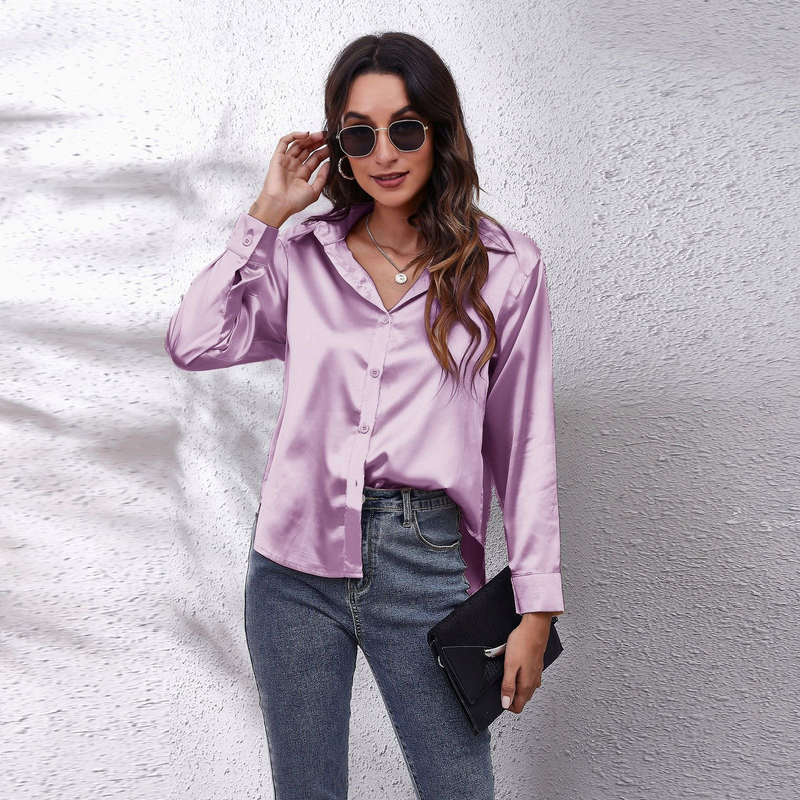 Women's clothing color D shirt satin silk imitation long sleeve shirt_voghion.com