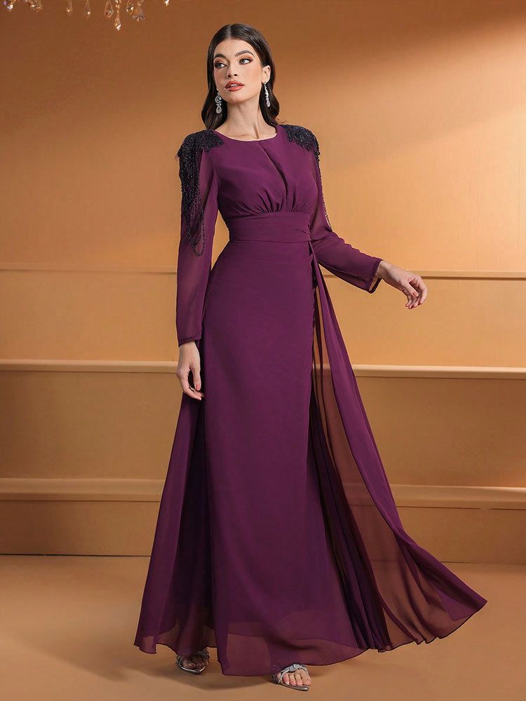 Women's Elegant Floral Embroidered Chiffon Maxi Dress With Lantern Sleeves – High Waist A-Line Party Gown For Evening, Wedding & Office (Purple)_voghion.com