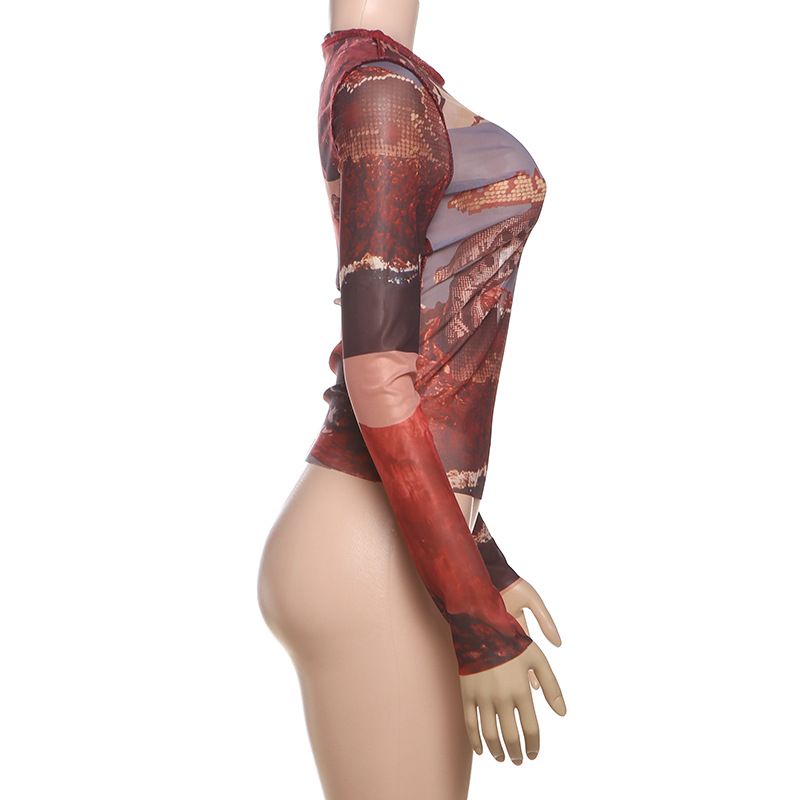 T-shirt slim à manches longues et col mi-haut pour femme, imprimé abstrait, coupe ajustée_voghion.com