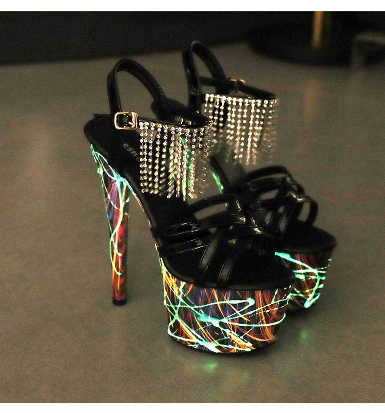 Sandali con tacco a spillo ultra alti impermeabili con plateau e strass, 1986 76, luminosi e fluorescenti, Speed Express, 20 cm_voghion.com