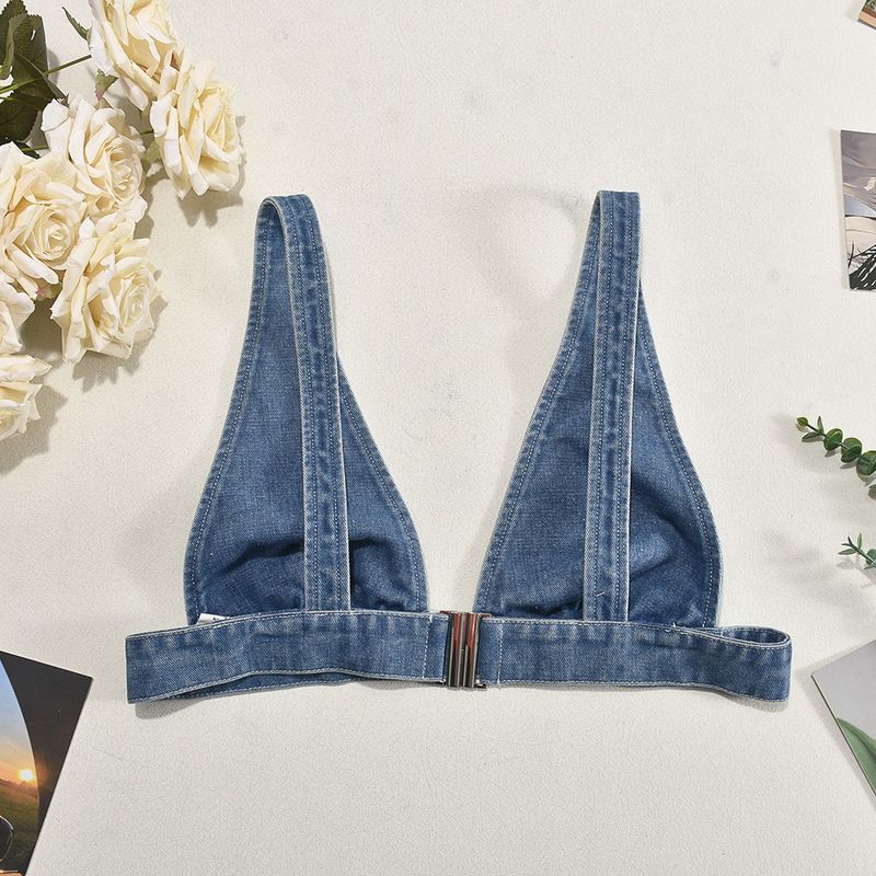 Women's Clothing Summer New Denim Washed Sexy Vest Back Buckle Top_voghion.com