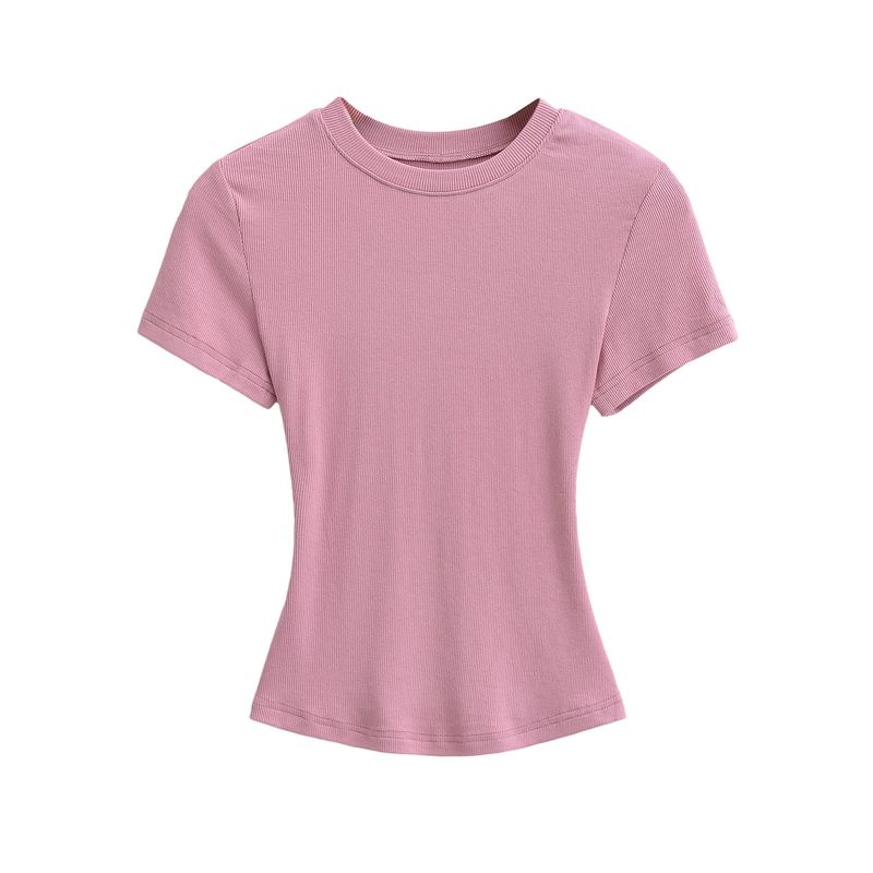 Maglietta estiva da donna sexy con scollo rotondo e maniche corte, tinta unita, con cuciture a vista_voghion.com