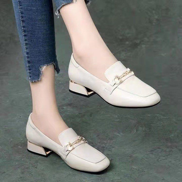 Soft-soled Loafers Women's Square Head Shallow Mouth Single Shoes Women's One-pedal Small Leather Shoes Square Heel British Style_voghion.com
