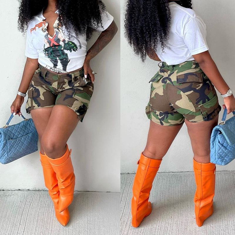 Vêtements pour femmes, short de travail à imprimé camouflage avec poches plaquées et coutures_voghion.com