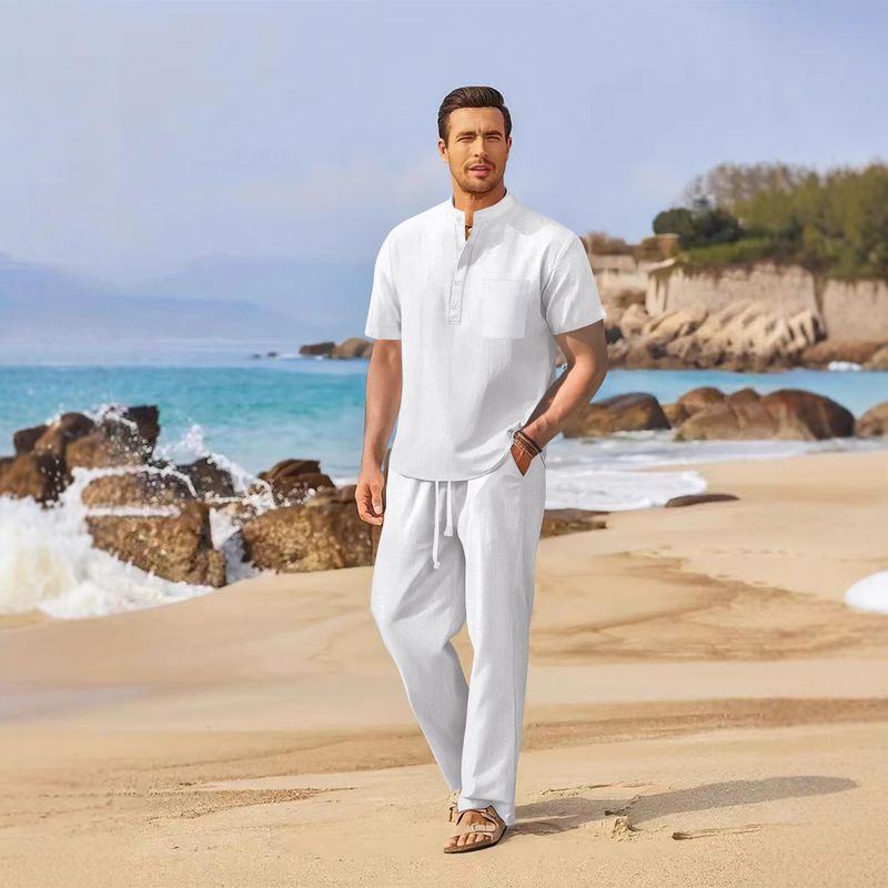 Ensemble pantalon ample décontracté en coton et manches courtes pour hommes printemps/été 2025_voghion.com