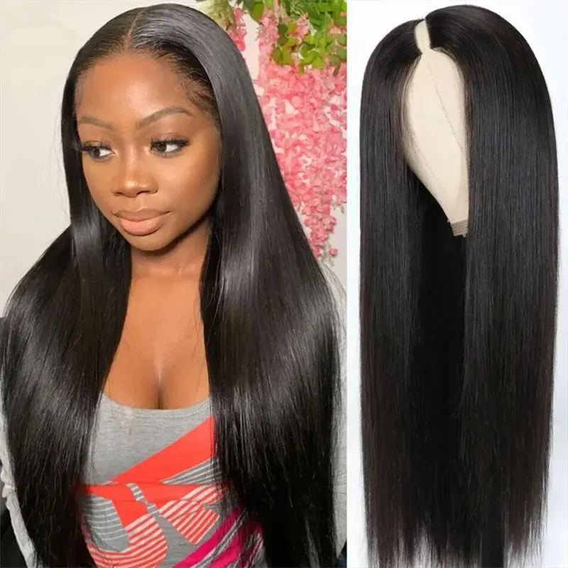 Pelucas de cabello humano liso con parte en V, hechas a máquina, con clip para la cabeza, media peluca_voghion.com