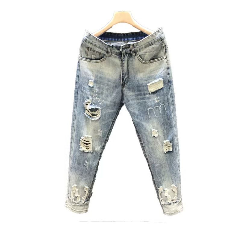 Distressed Jeans für den Herrensommer, neue trendige Hosen im koreanischen Stil, Slim Fit, helle, verkürzte Leggings_voghion.com