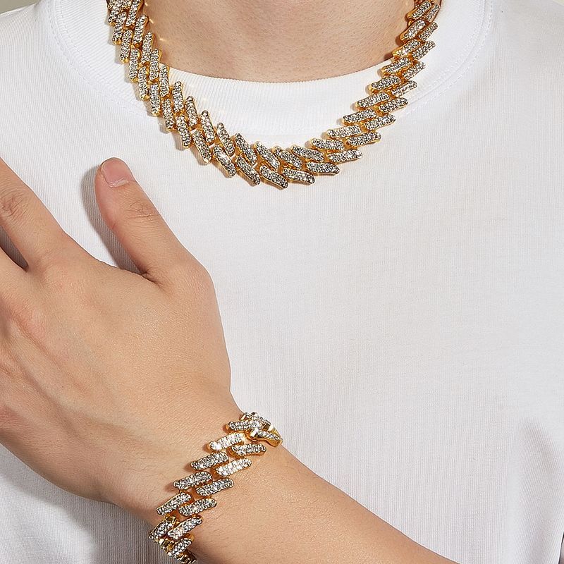 Ensemble collier cubain élégant pour homme, entièrement serti de diamants, style hip-hop, bracelet losange, chaîne de clavicule_voghion.com