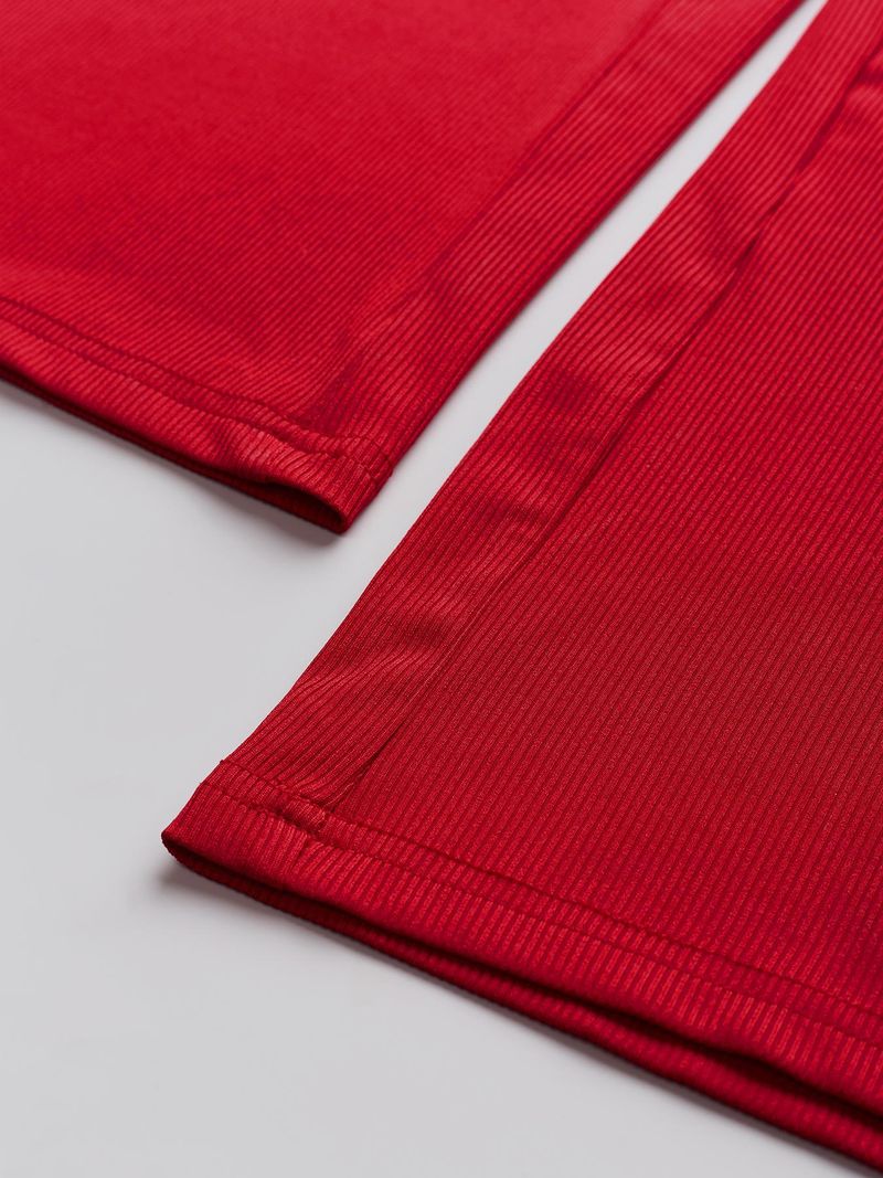 Damenbekleidung Neue einfarbige lässige V-Ausschnitt Bauchbedeckung Schlankheits-Oberteil mit langen Ärmeln Gerade Hose mit weitem Bein_voghion.com