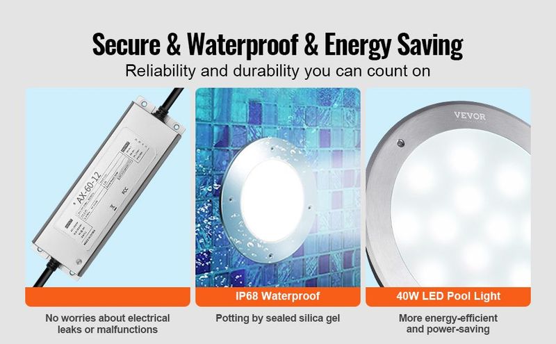 VEVOR 120V AC LED Pool Light, 10in 40W, RGBW Color Changing Inground Swimming Pool Spa Light Underwater, With 100 FT Cord Remote Control, Fit For 10 In Large Wet Niches, IP68 & Tested To UL Standards_voghion.com
