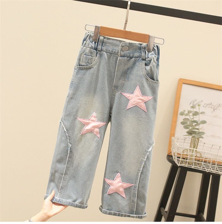 Mutter & Kinder Neue mittelgroße und große Mädchenkleidung Hohe Taille Enge Kurzarm Plus Jeans Zweiteiliger Anzug_voghion.com